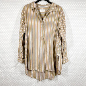 Anthropologie Green White Striped‎ Button Popover Top